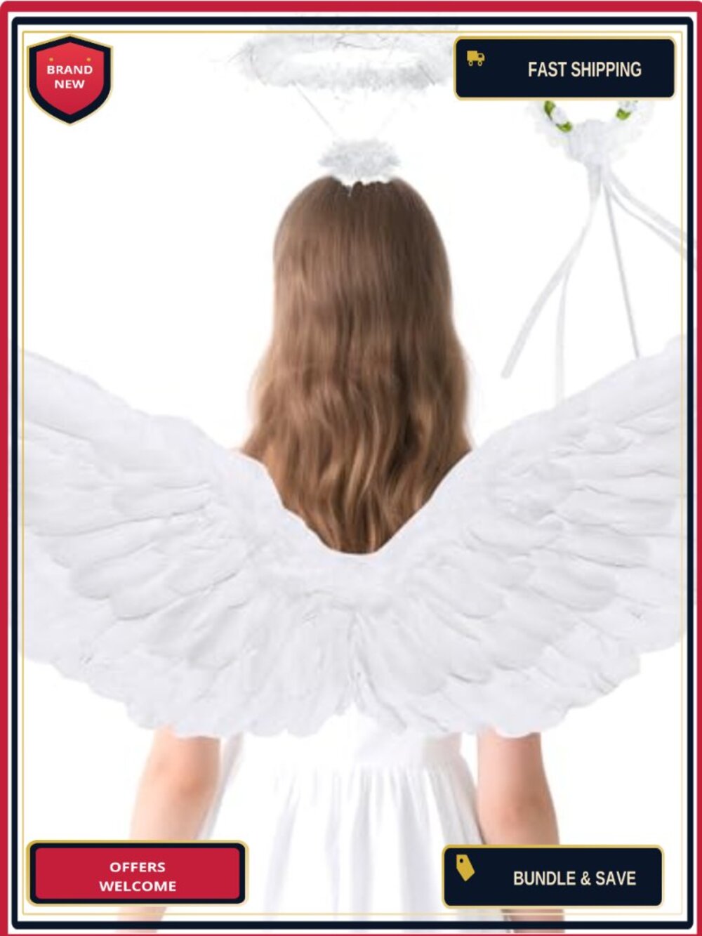 Angel Wings Halo Wand Costume Set 3PC Real Feather Halloween Fancy Dress